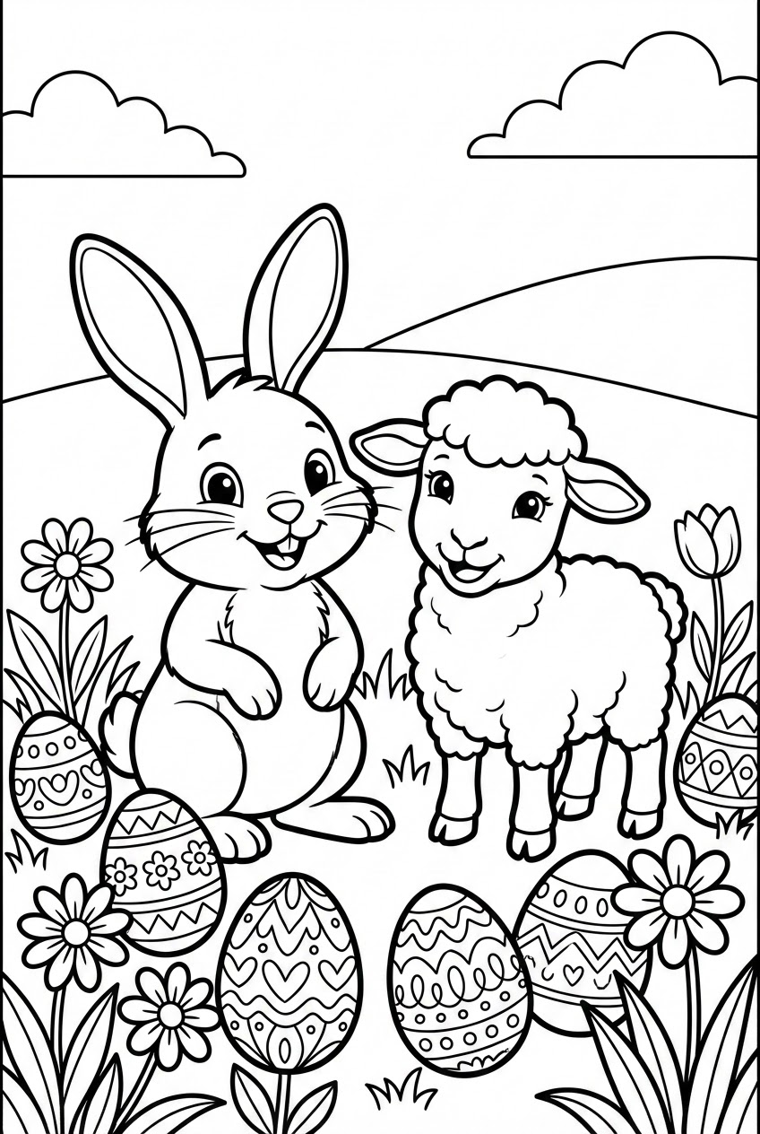Pasen kleurplaat van een paashaas en lammetje in de wei