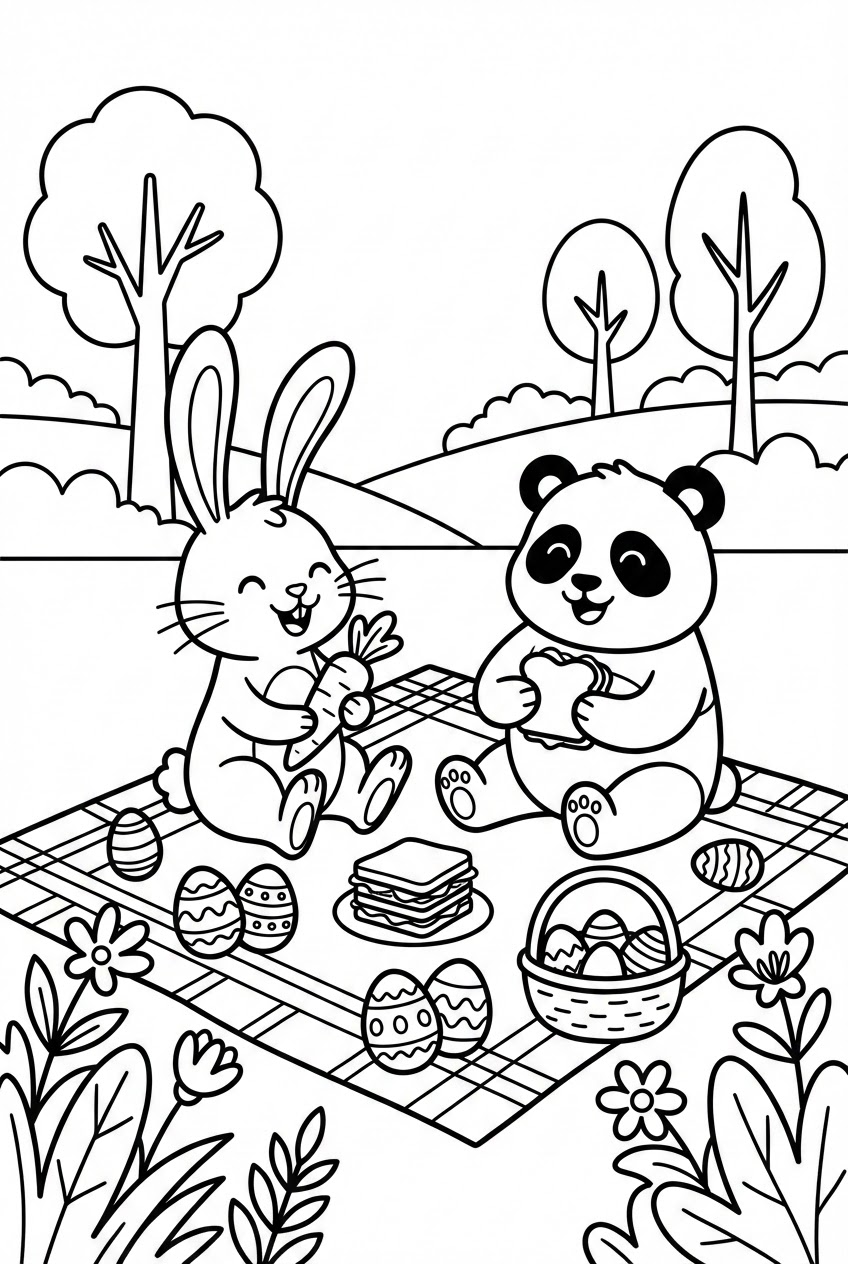 Pasen kleurplaat van een paashaas en panda die picknicken met paaseieren