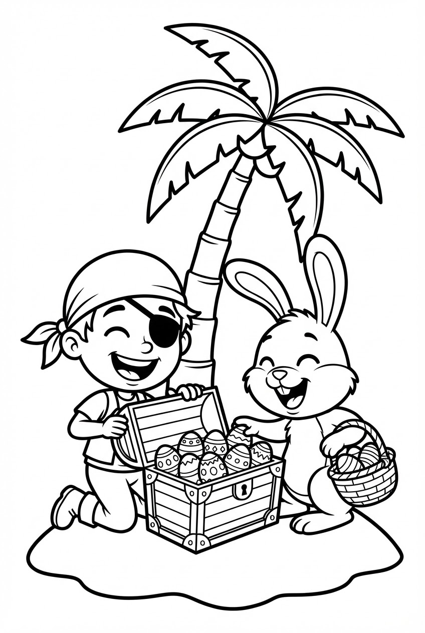 Pasen kleurplaat van een paashaas en piraat met een schatkist vol eieren