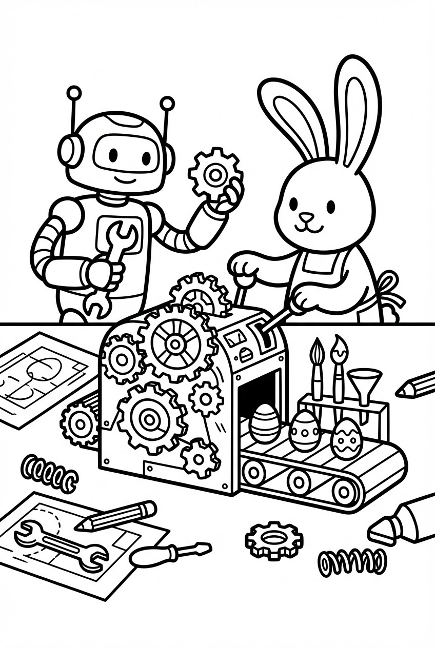 Pasen kleurplaat van een paashaas en robot met een paasei machine