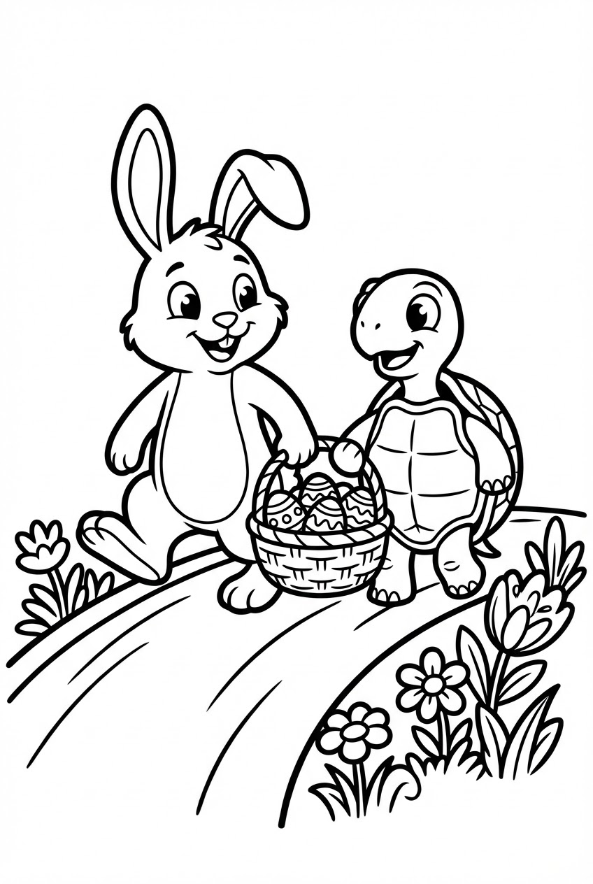 Pasen kleurplaat van een paashaas en schildpad met een paasmand
