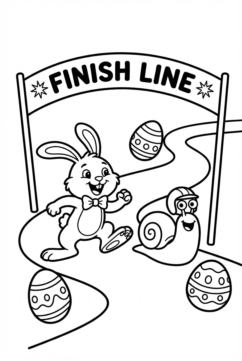 Pasen kleurplaat van een paashaas en slak in een paasrace met eieren