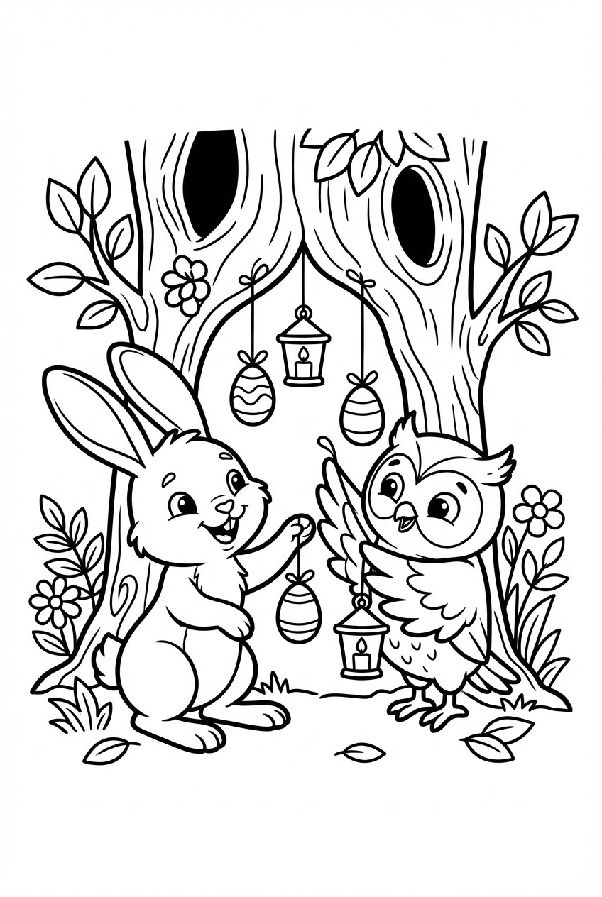 Pasen kleurplaat van een paashaas en uil bij een versierde boomholte