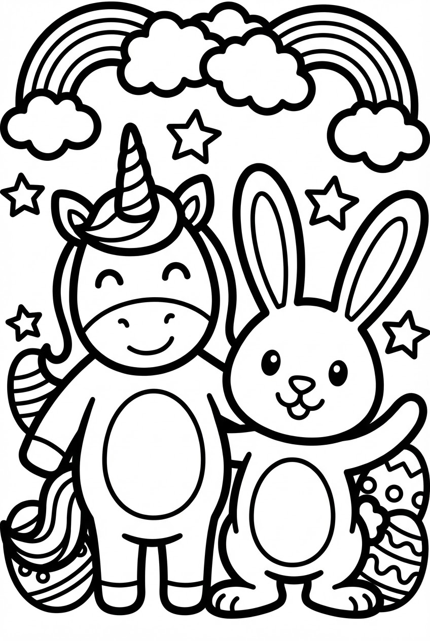 Pasen kleurplaat van een unicorn en paashaas met magische paaseieren