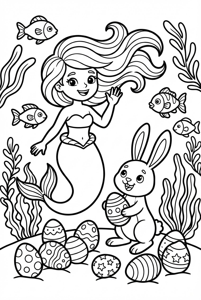 Pasen kleurplaat van een zeemeermin en paashaas met paaseieren onder water