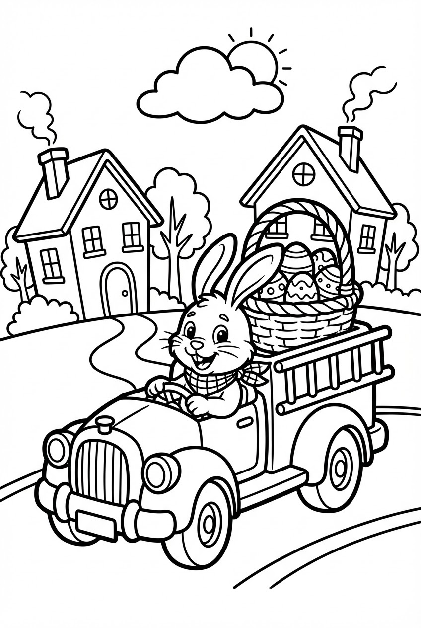 Pasen kleurplaat van een paashaas in een brandweerwagen met eieren