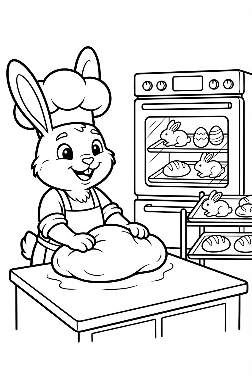 Pasen kleurplaat van een paashaas in de bakkerij met paasbrood