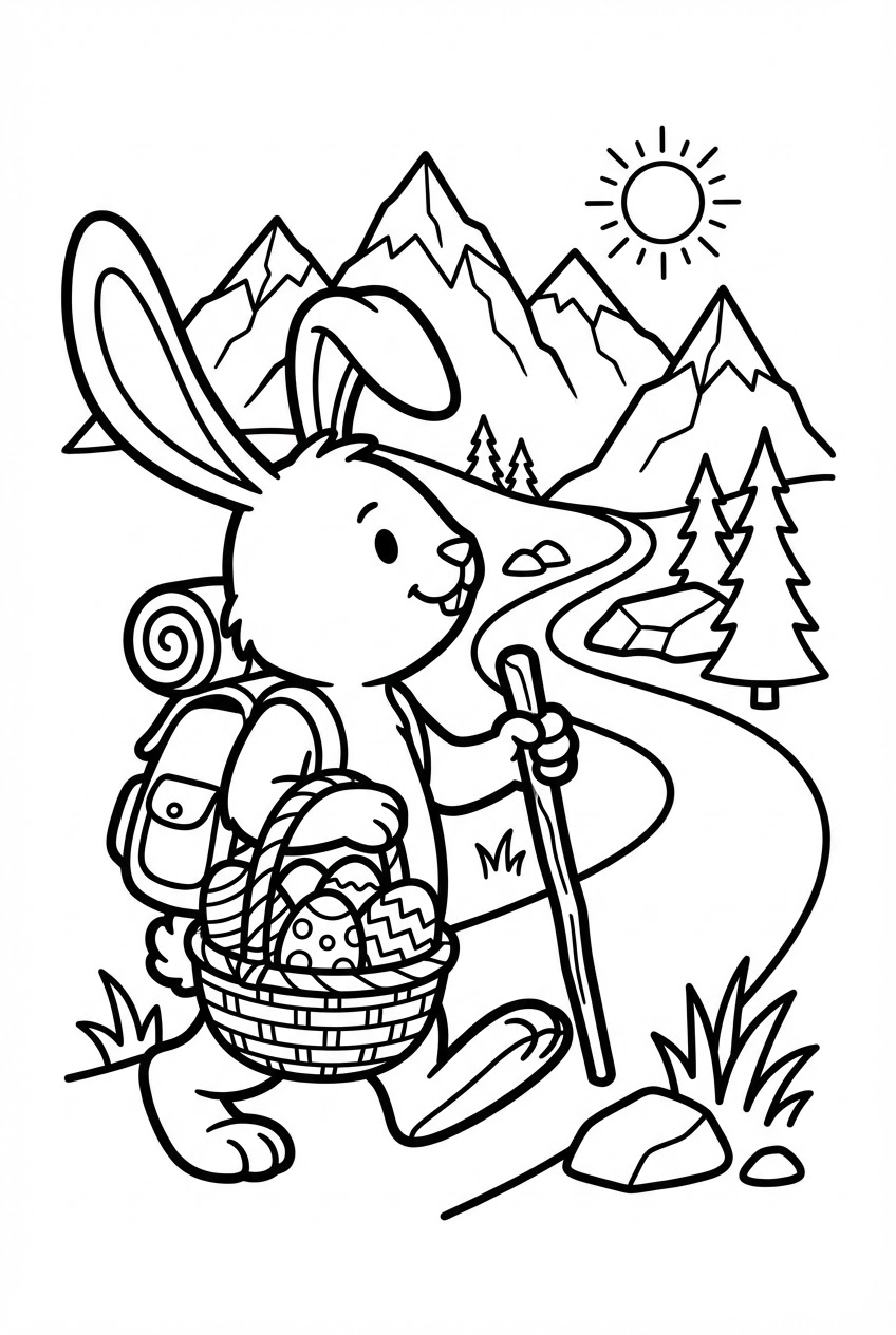 Pasen kleurplaat van een paashaas in de bergen die eieren verstopt