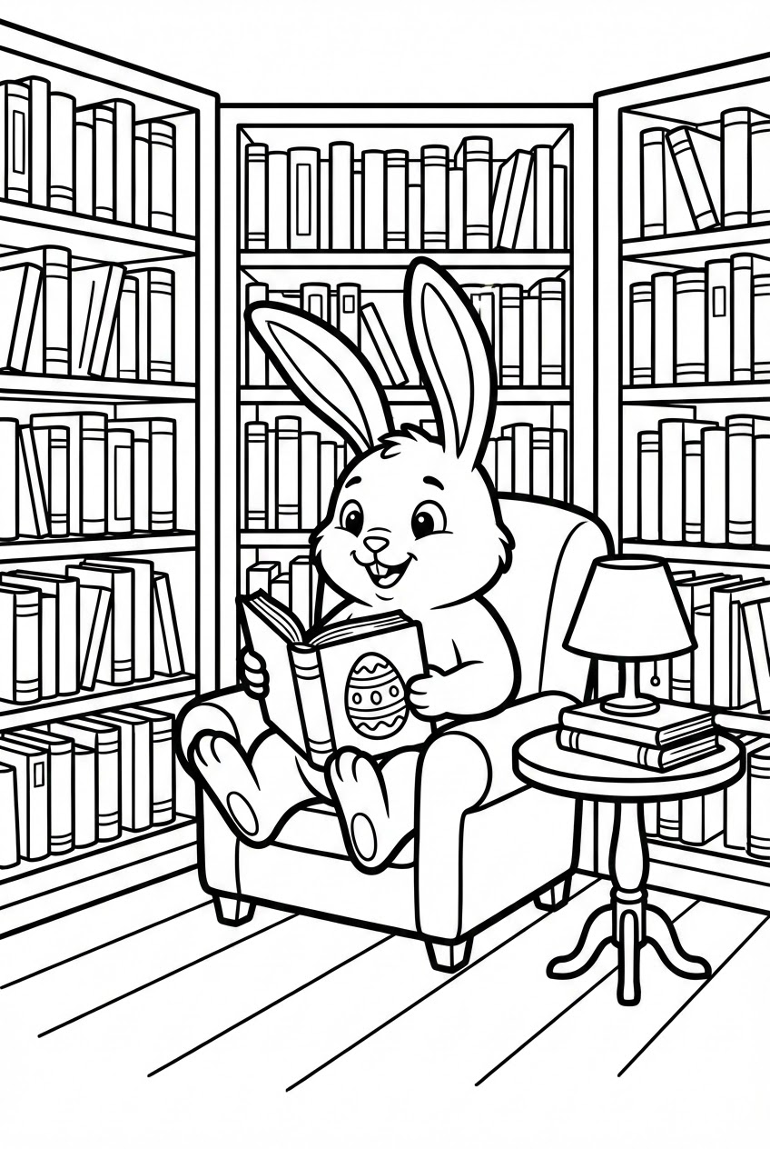 Pasen kleurplaat van een paashaas in de bibliotheek met paasboeken
