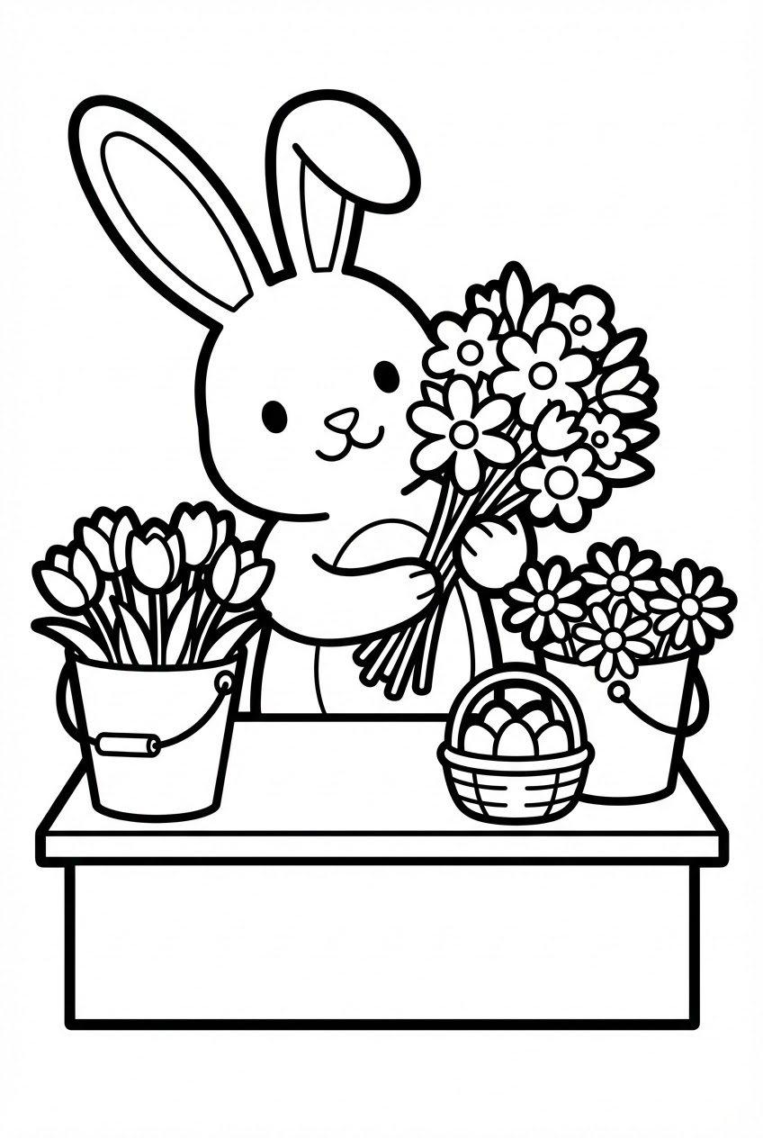 Pasen kleurplaat van een paashaas in een bloemenwinkel met boeketten en eieren