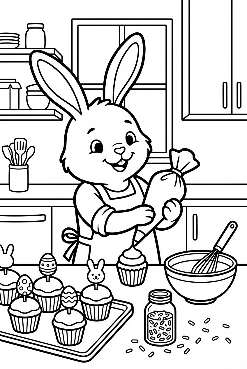 Pasen kleurplaat van een paashaas die cupcakes versiert