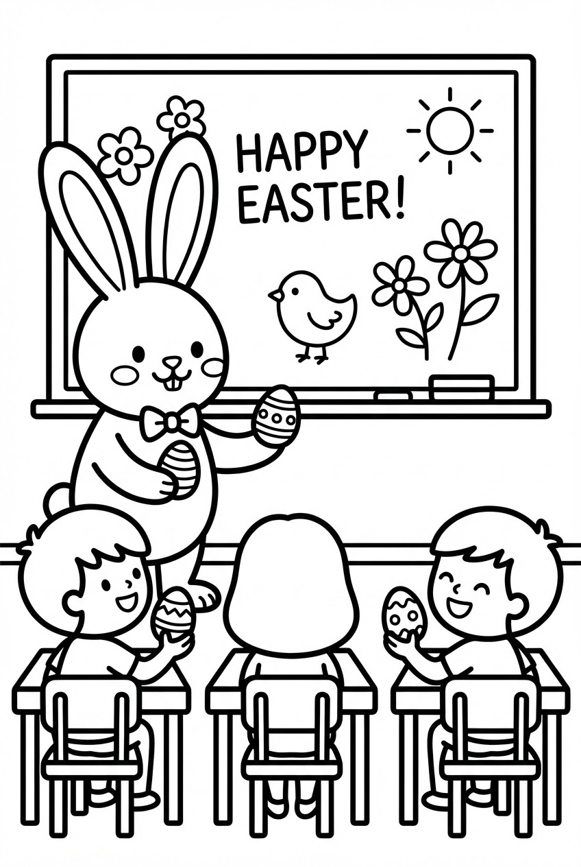 Pasen kleurplaat van een paashaas die paaseieren uitdeelt in de klas