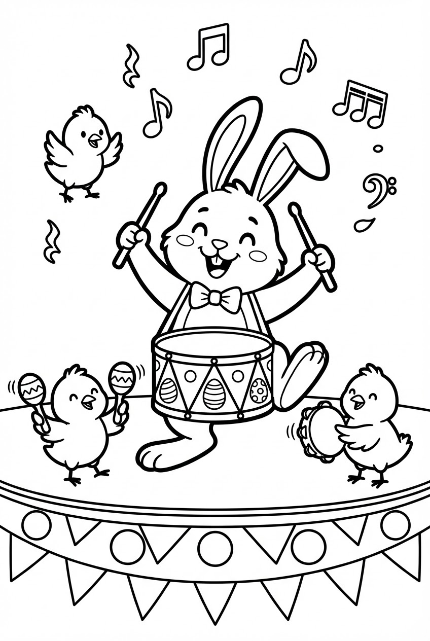 Pasen kleurplaat van een paashaas die trommel speelt in een muziekband
