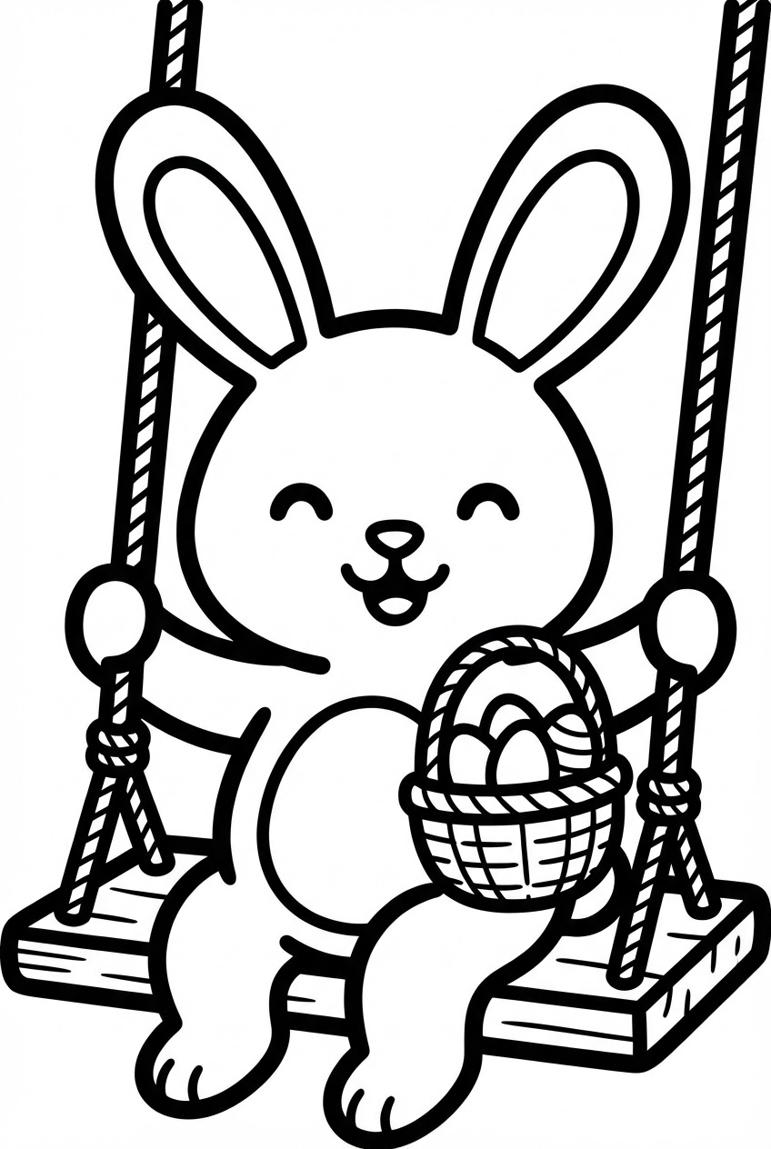 Pasen kleurplaat van een paashaas op de schommel in de speeltuin