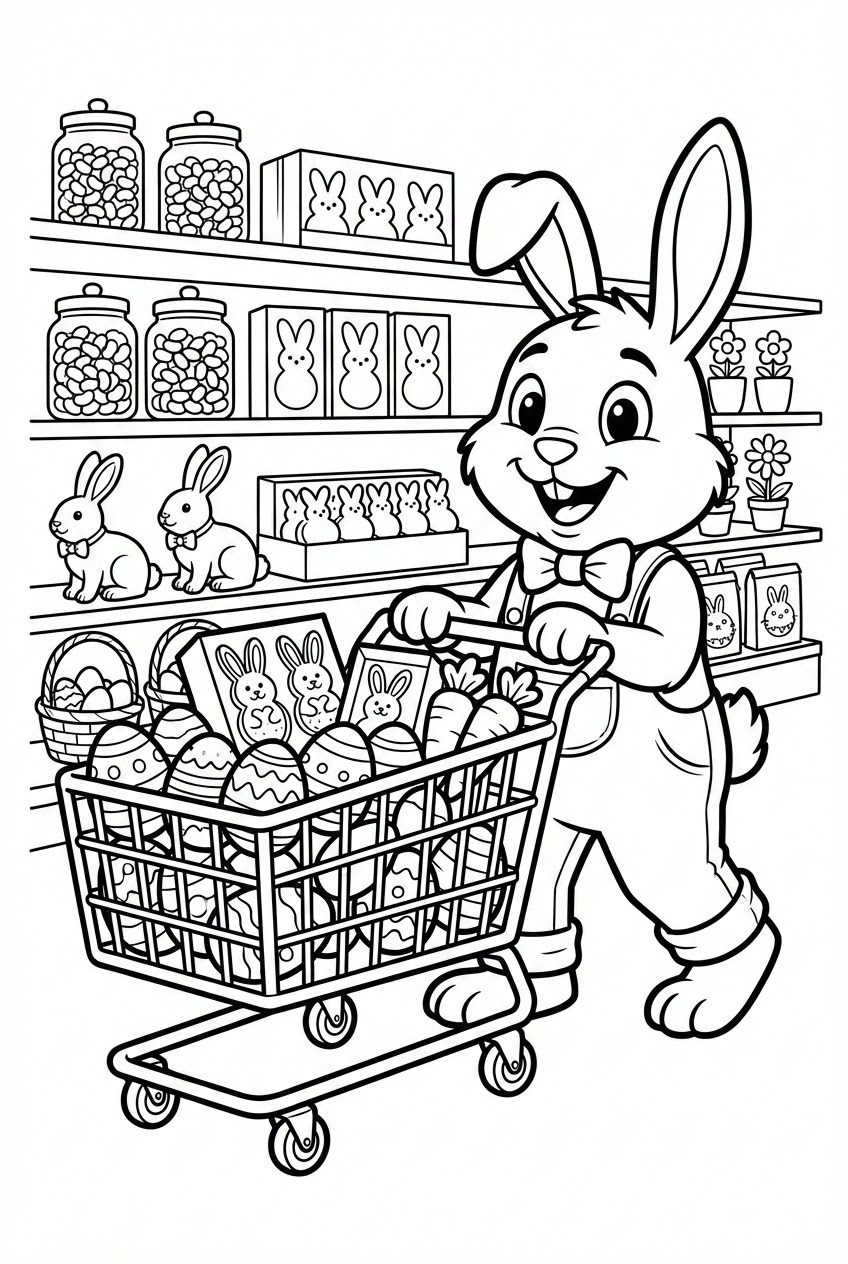 Pasen kleurplaat van een paashaas in de supermarkt met chocolade-eieren