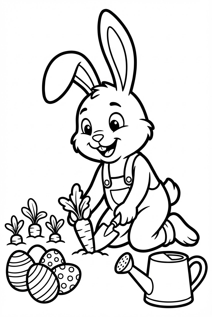Pasen kleurplaat van een paashaas die tuiniert met wortels en paaseieren