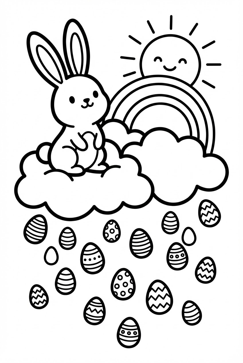 Pasen kleurplaat van een paashaas in de wolken met vallende paaseieren