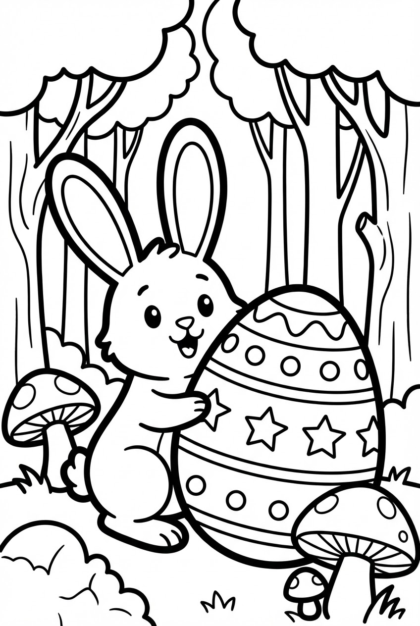 Pasen kleurplaat van een paashaas in het bos met een reusachtig paasei