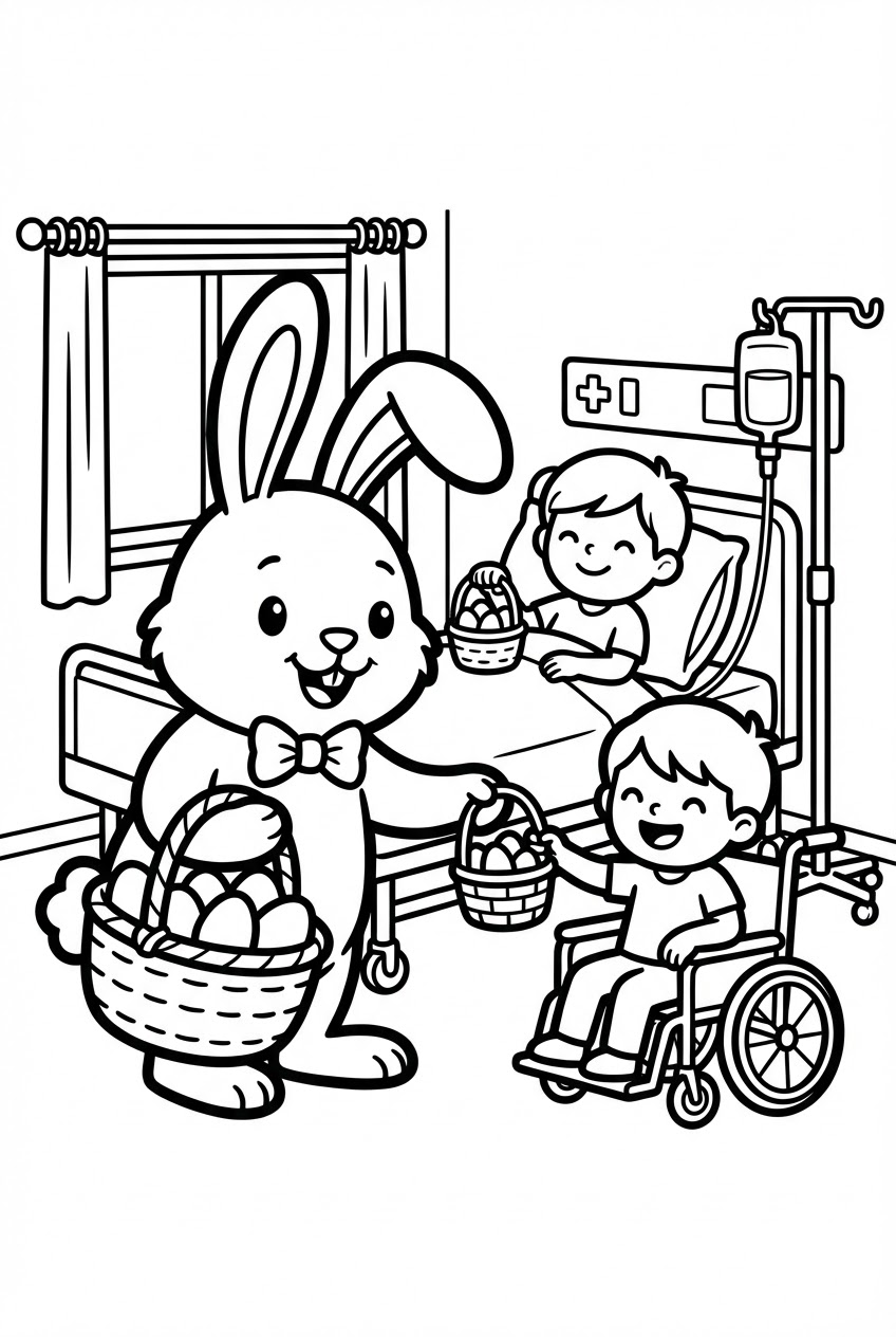 Pasen kleurplaat van een paashaas die paasmandjes brengt in het ziekenhuis