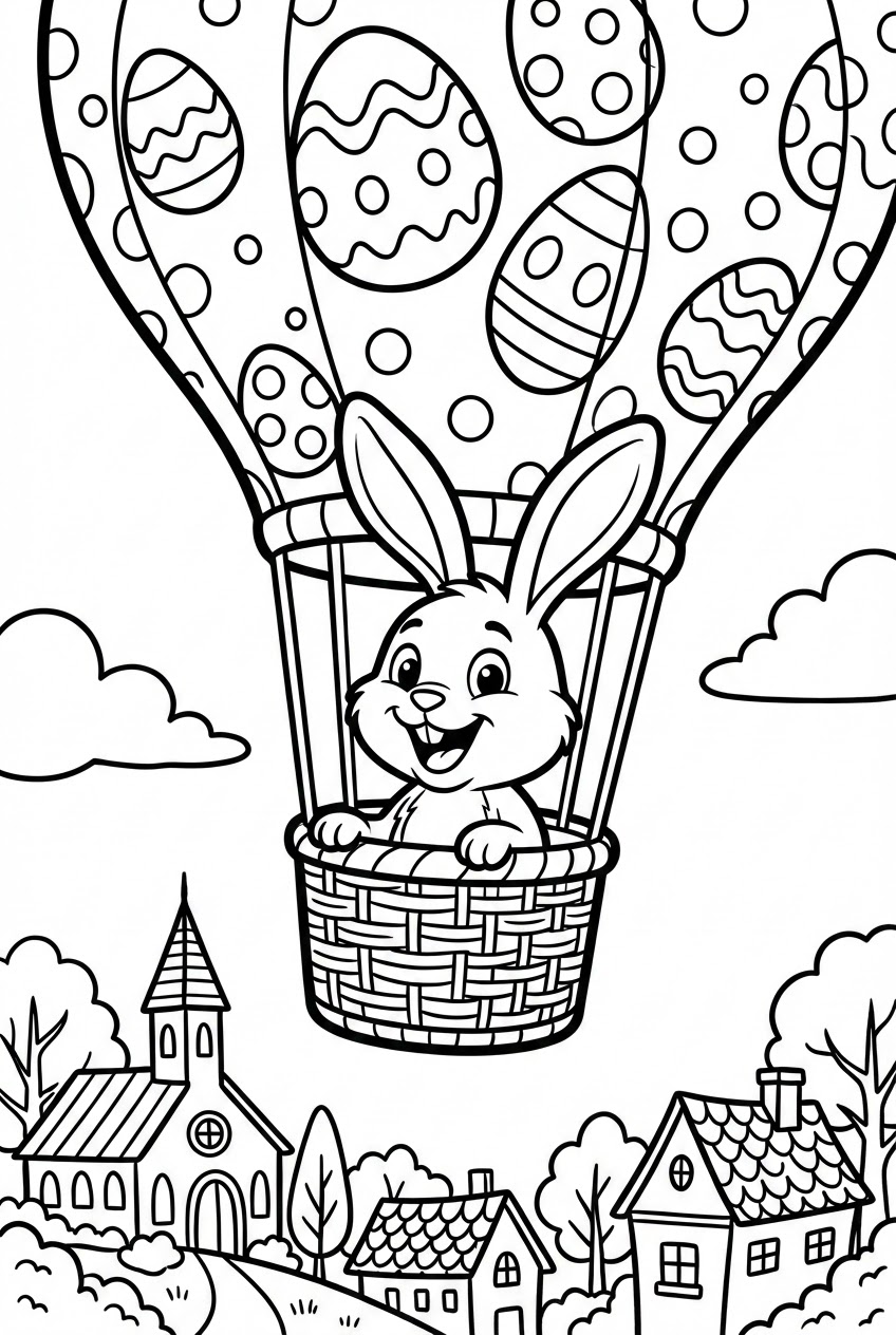 Pasen kleurplaat van een paashaas in een luchtballon boven het dorp