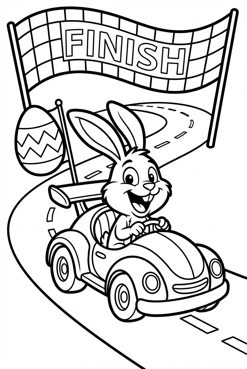 Pasen kleurplaat van een paashaas in een raceauto met paasei vlag