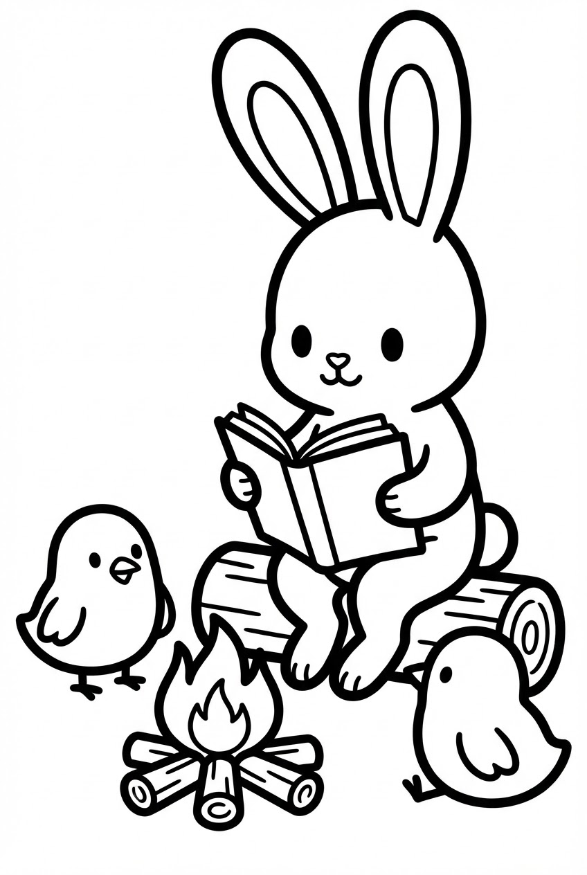 Pasen kleurplaat van een paashaas die voorleest bij een kampvuur