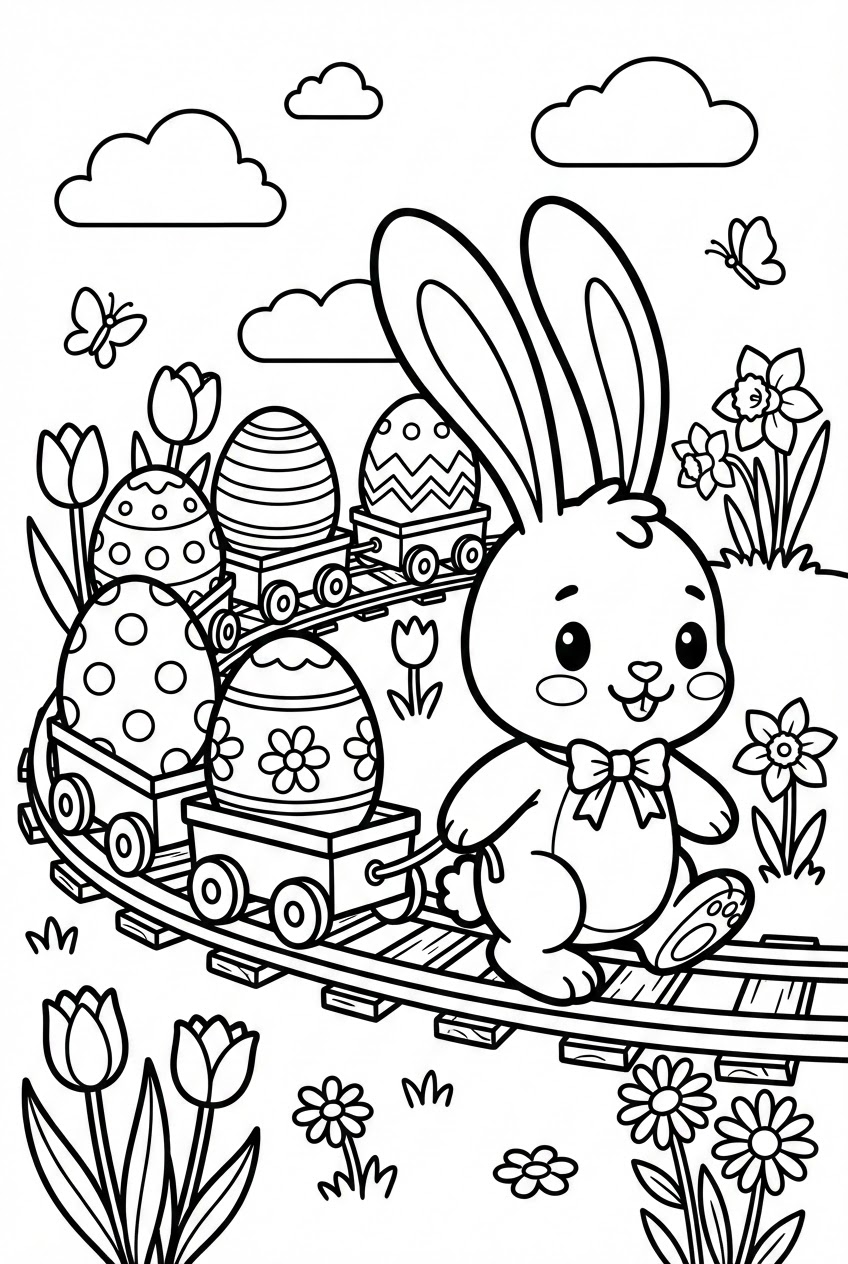 Pasen kleurplaat van een paashaas met een trein van paaseieren