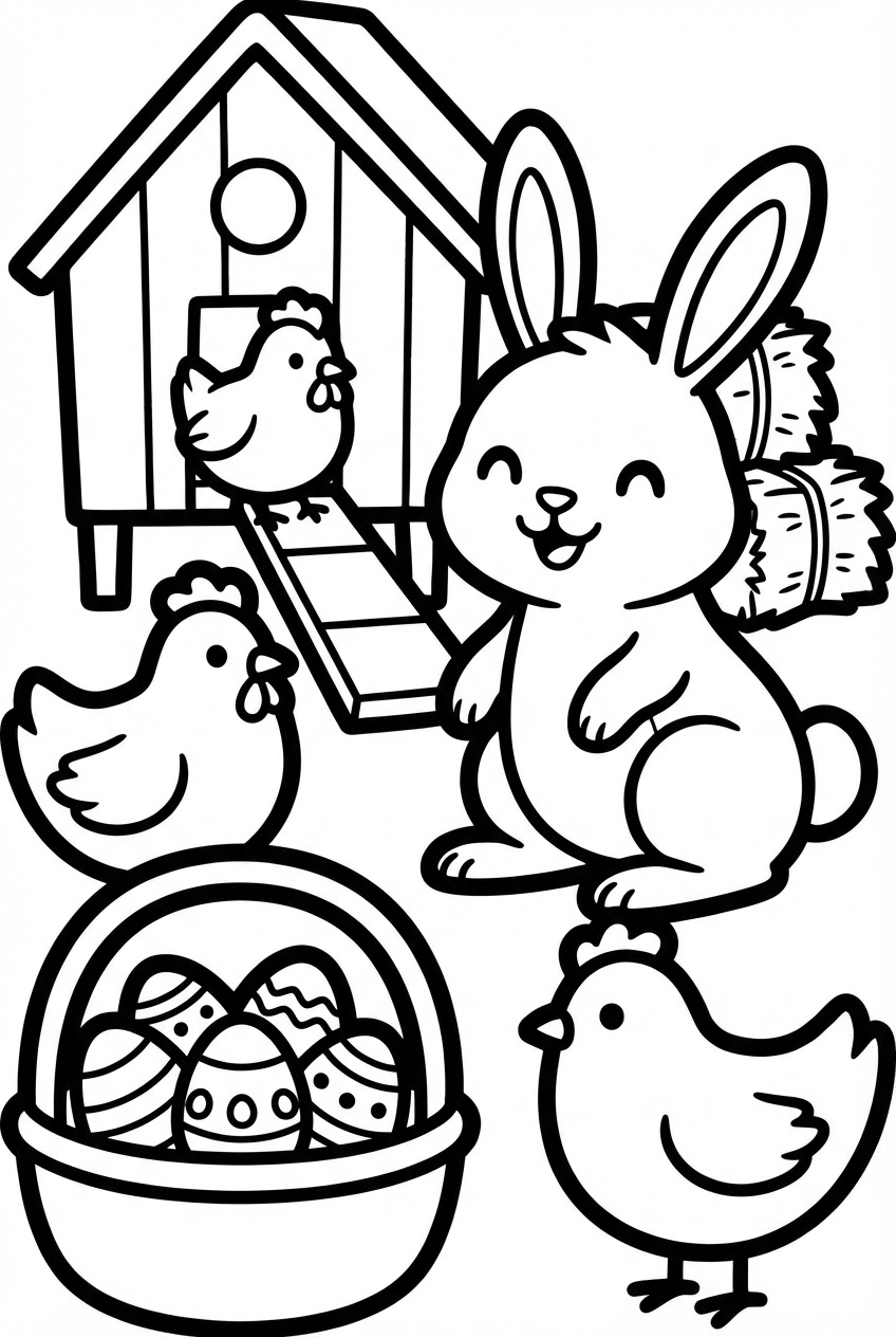 Pasen kleurplaat van een paashaas op de boerderij met kippen en eieren
