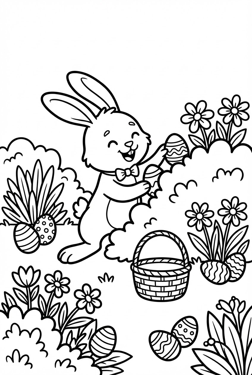 Pasen kleurplaat van een paashaas die eieren verstopt in de tuin