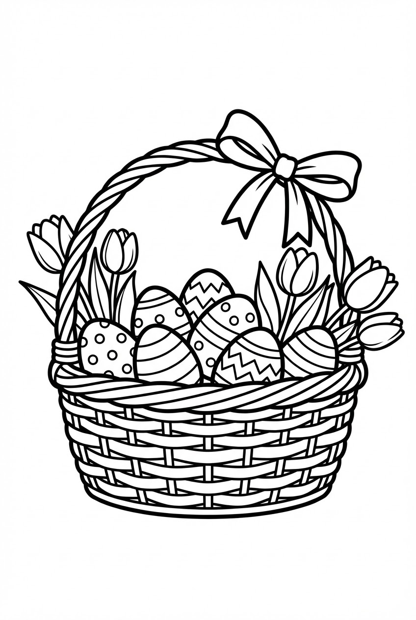 Pasen kleurplaat van een paasmand met eieren en tulpen