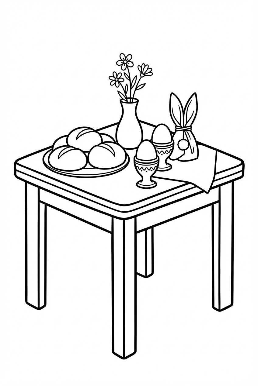 Pasen kleurplaat van een paasontbijt tafel met broodjes en eieren