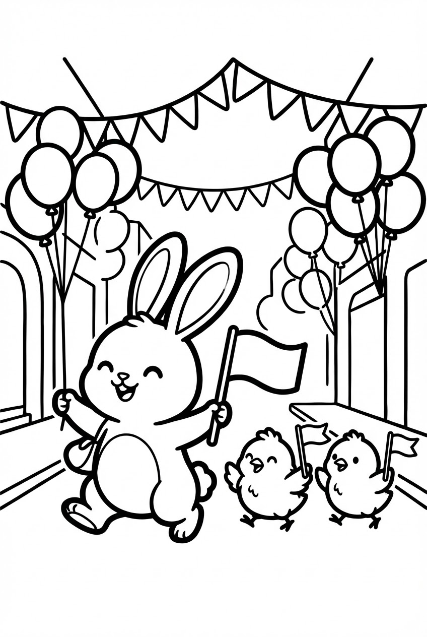 Pasen kleurplaat van een paasparade met paashaas en kuikens