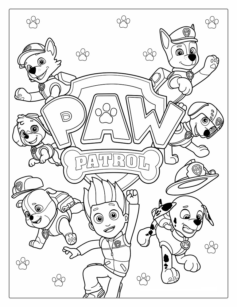 Alle figuren Paw Patrol kleurplaat