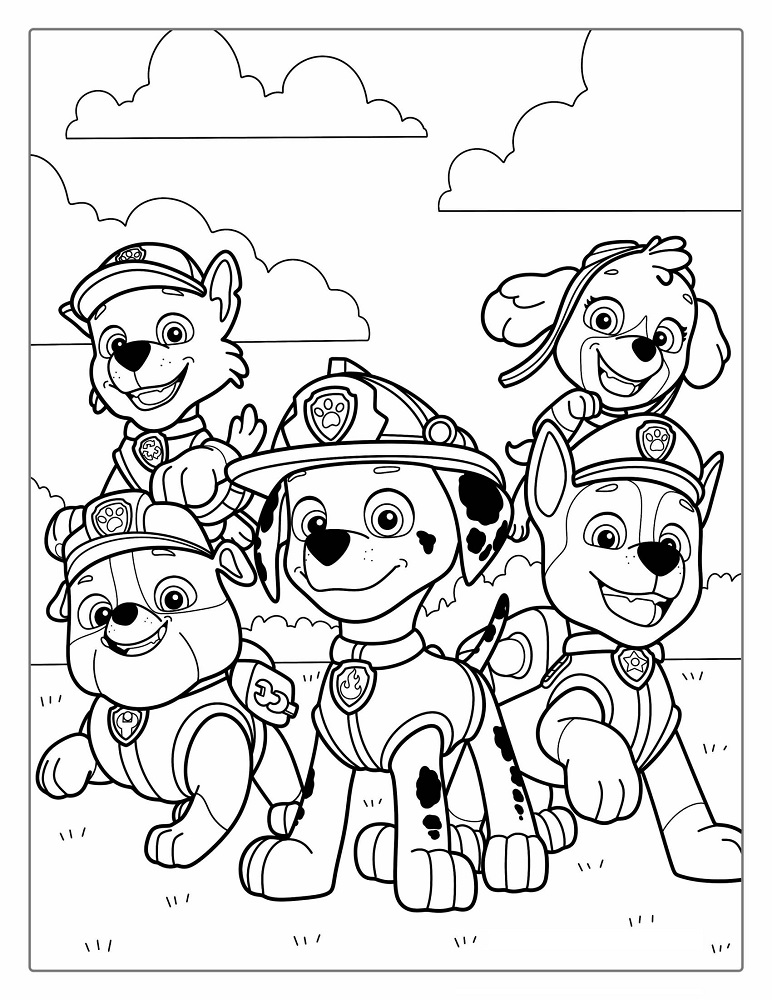 Paw Patrol kleurplaat met alle karakters samen in een vrolijke groep