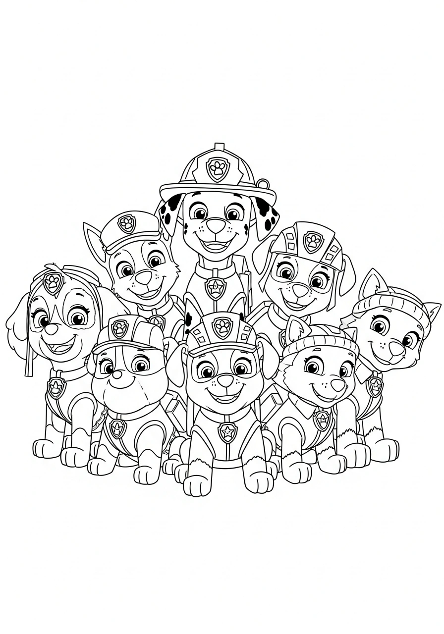 Paw Patrol kleurplaat met alle pups samen: Chase, Marshall, Skye, Rubble, Zuma, Rocky, Everest en Tracker kleurplaat