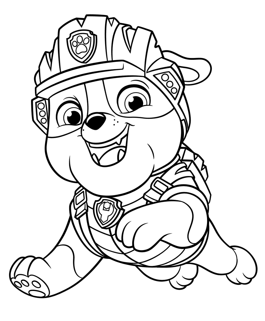 Paw Patrol kleurplaat van Rubble met helm en blije uitstraling