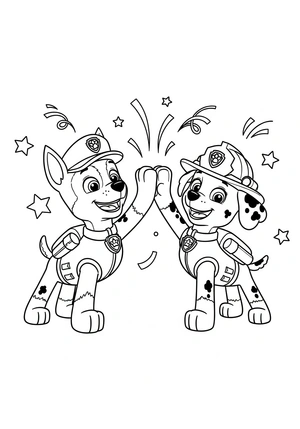 Chase en Marshall high-five na de missie kleurplaat