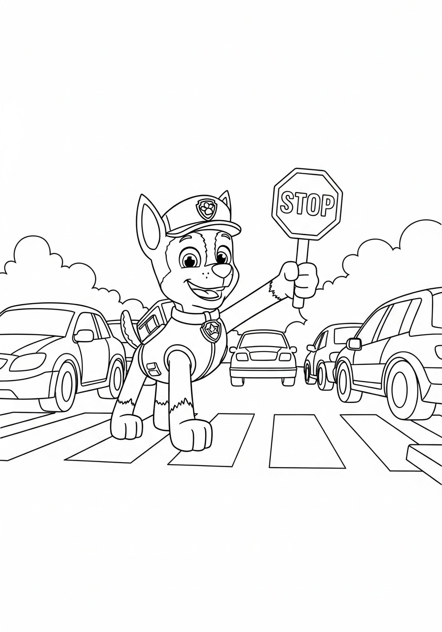 Paw Patrol kleurplaat van Chase die verkeer regelt bij een zebrapad met stopbord en auto’s op afstand kleurplaat
