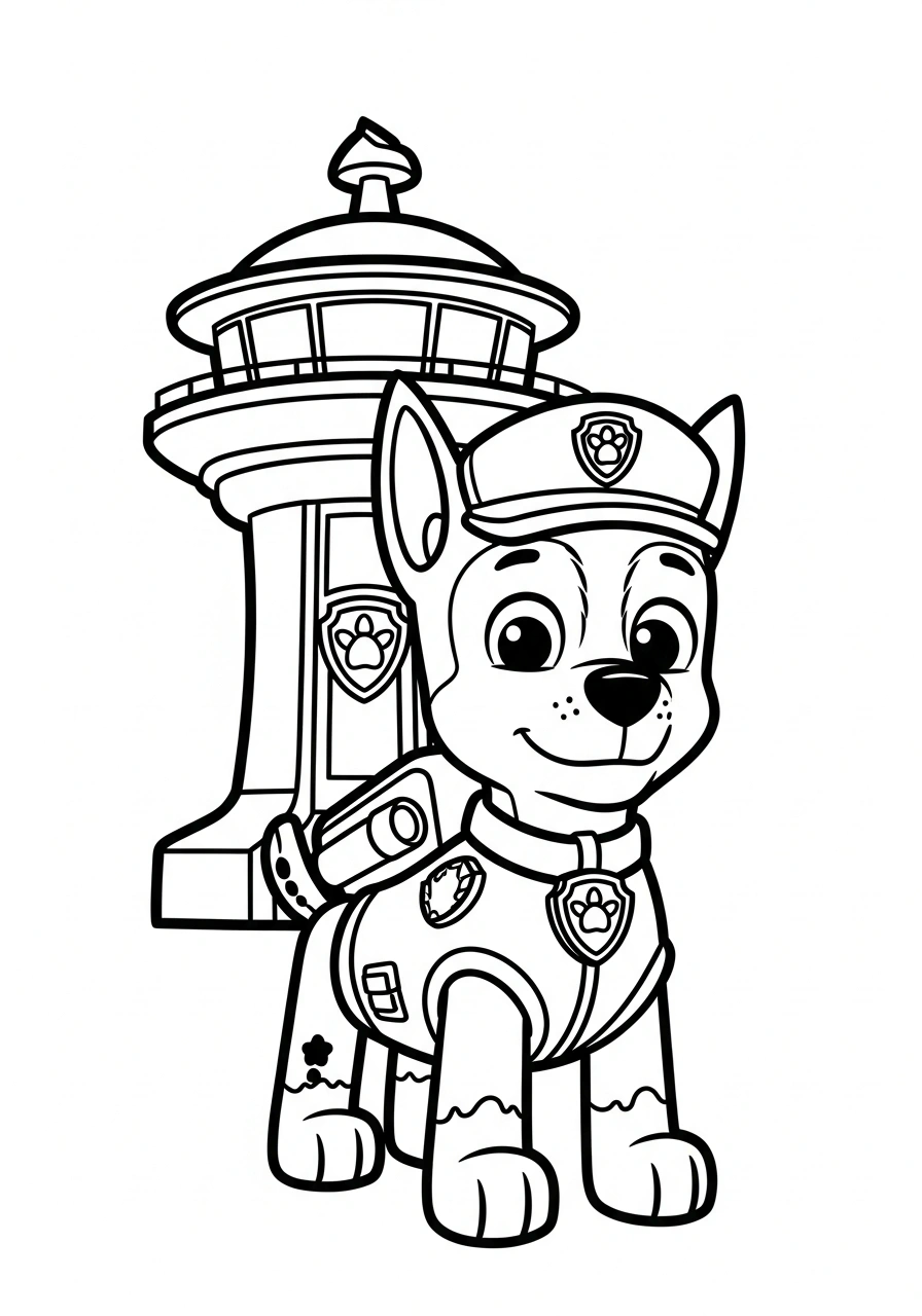 Paw Patrol kleurplaat van Chase bij de uitkijktoren met sirene en badge, klaar voor een missie in Avonturenbaai kleurplaat