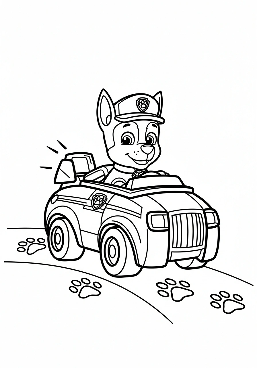 Paw Patrol kleurplaat van Chase in zijn politieauto met sirene en pootafdrukken op de weg kleurplaat