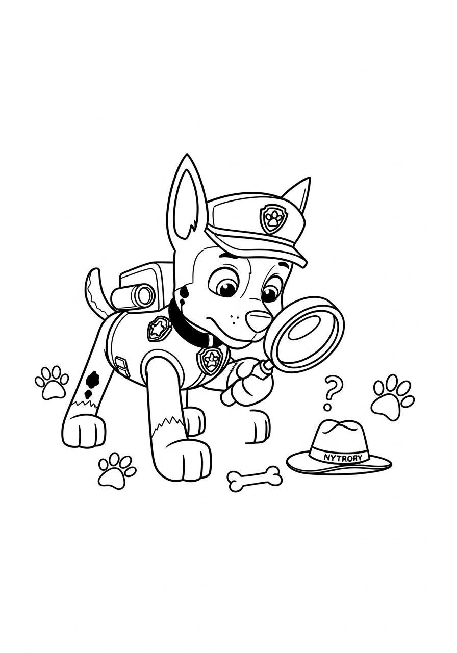 Paw Patrol kleurplaat van Chase die speurt met een vergrootglas naar aanwijzingen op de grond kleurplaat