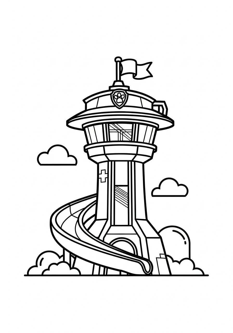 Paw Patrol kleurplaat van de uitkijktoren met lift, glijbaan en vlag bovenop in Avonturenbaai kleurplaat