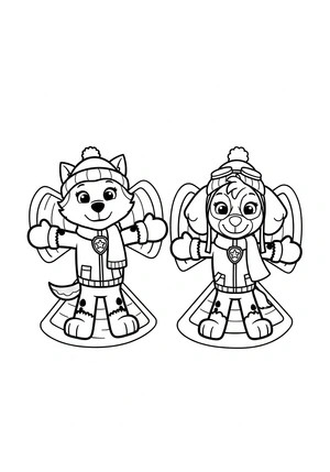 Everest en Skye maken een sneeuwengel kleurplaat