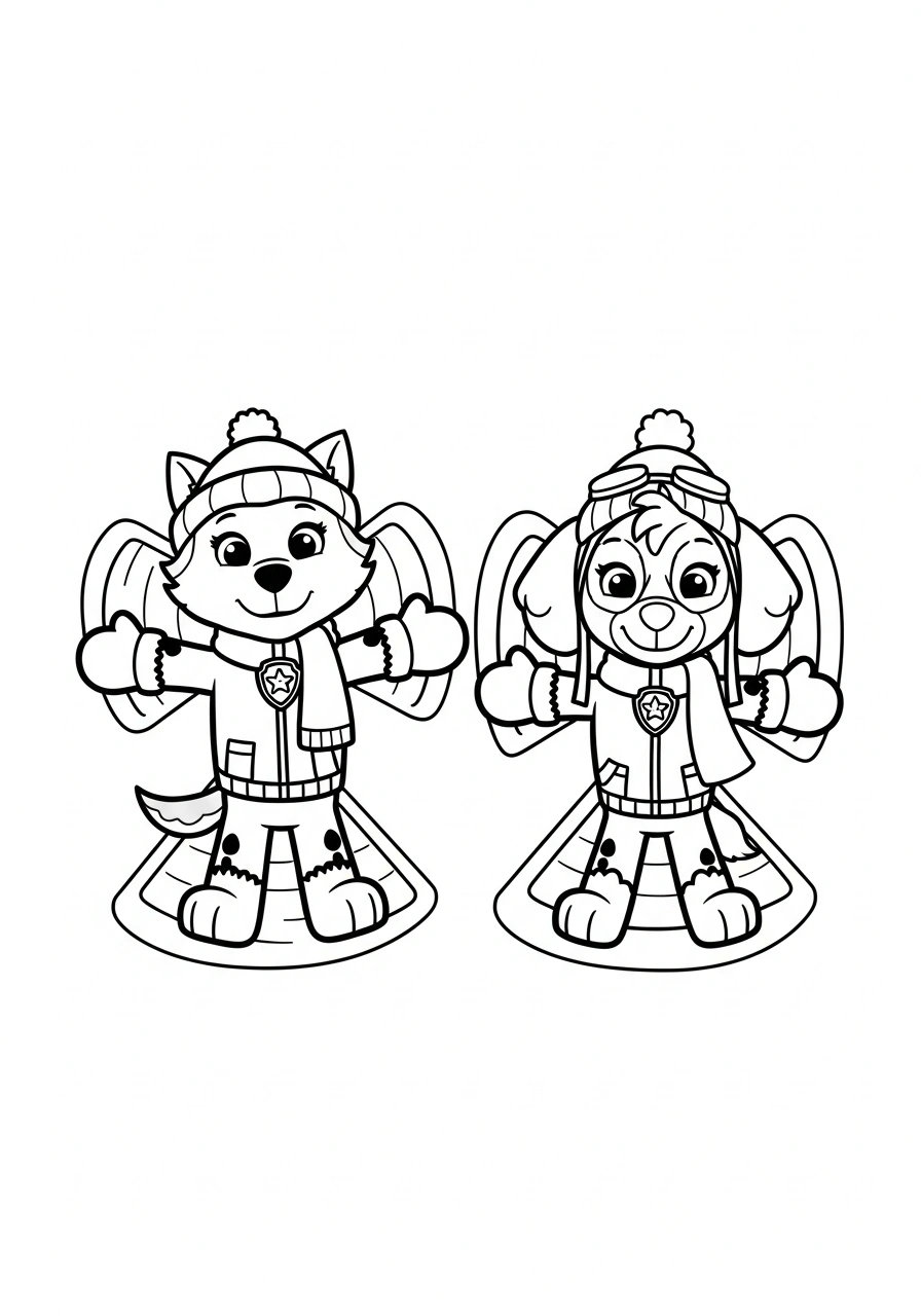 Paw Patrol kleurplaat van Everest en Skye die sneeuwengelen maken met sneeuwvlokken en mutsen kleurplaat