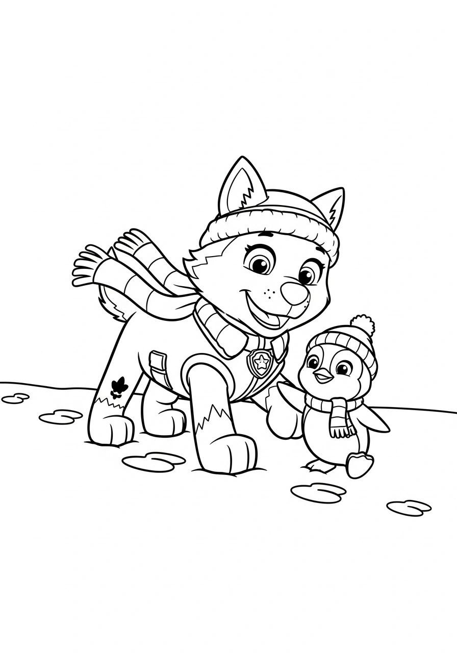 Paw Patrol kleurplaat van Everest die een kleine pinguïn helpt in de sneeuw met een sjaal kleurplaat