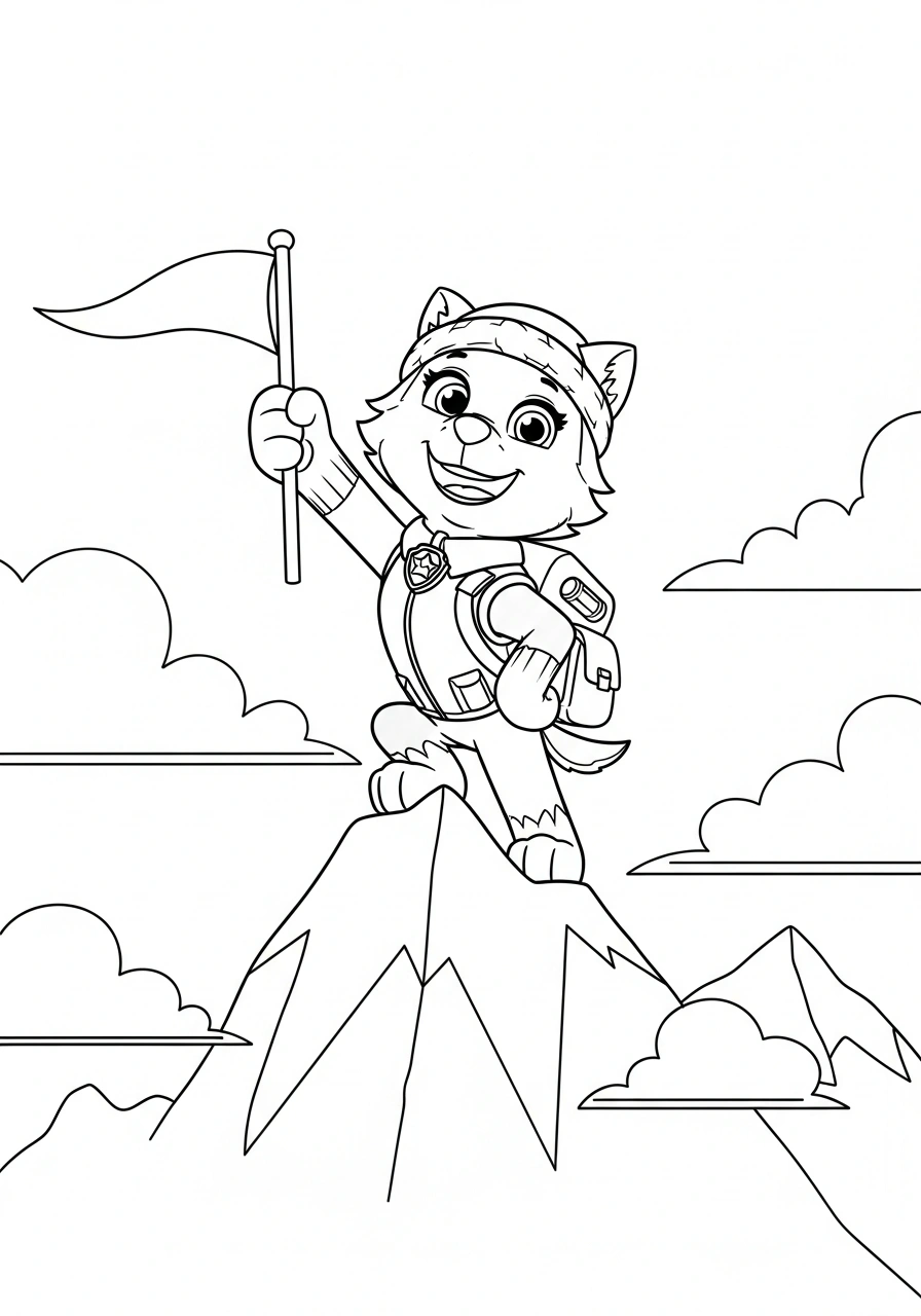 Paw Patrol kleurplaat van Everest op een bergtop met een vlag, wolken en sneeuwranden kleurplaat