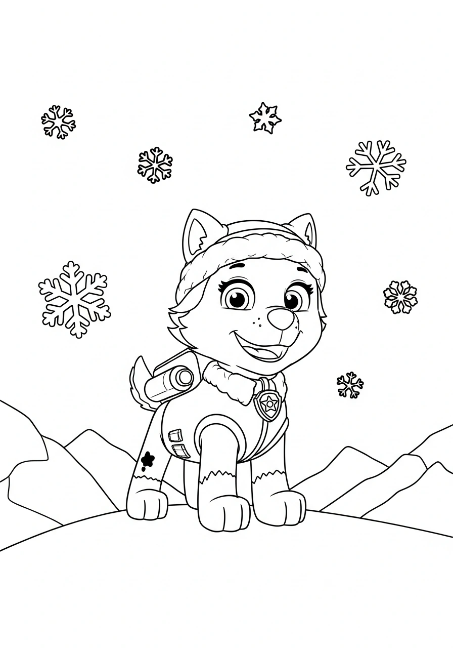 Paw Patrol kleurplaat van Everest met sneeuwpak en reddingsrugzak in een berglandschap met sneeuwvlokken kleurplaat