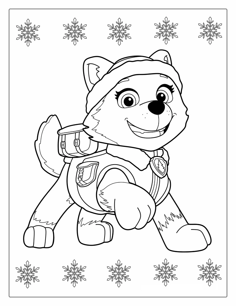 Paw Patrol kleurplaat van Everest met wintermuts, rugzak en eenvoudige sneeuwdetails kleurplaat