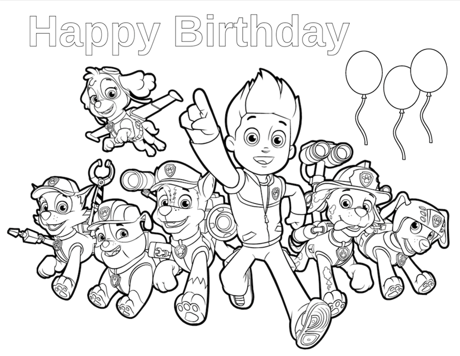 Paw Patrol verjaardag kleurplaat met Ryder, pups, ballonnen en Happy Birthday tekst