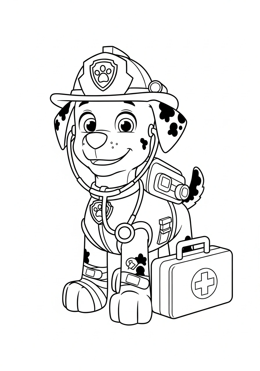 Paw Patrol kleurplaat van Marshall als dokter met stethoscoop, pleisters en verbanddoos kleurplaat